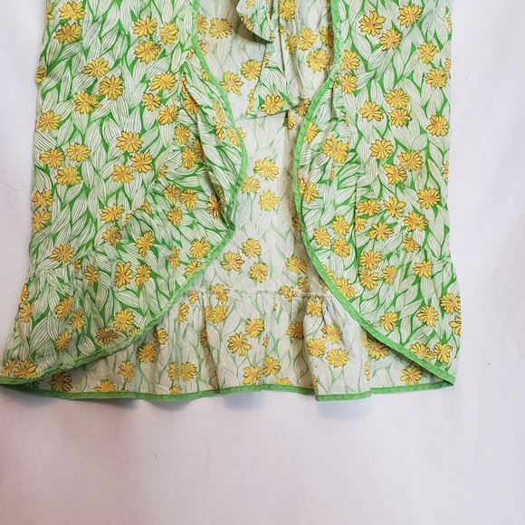 Vintage Apron Handmade Pullover Tie Waist Lime Green Yellow Daisy Print Pocket - Picture 10 of 11